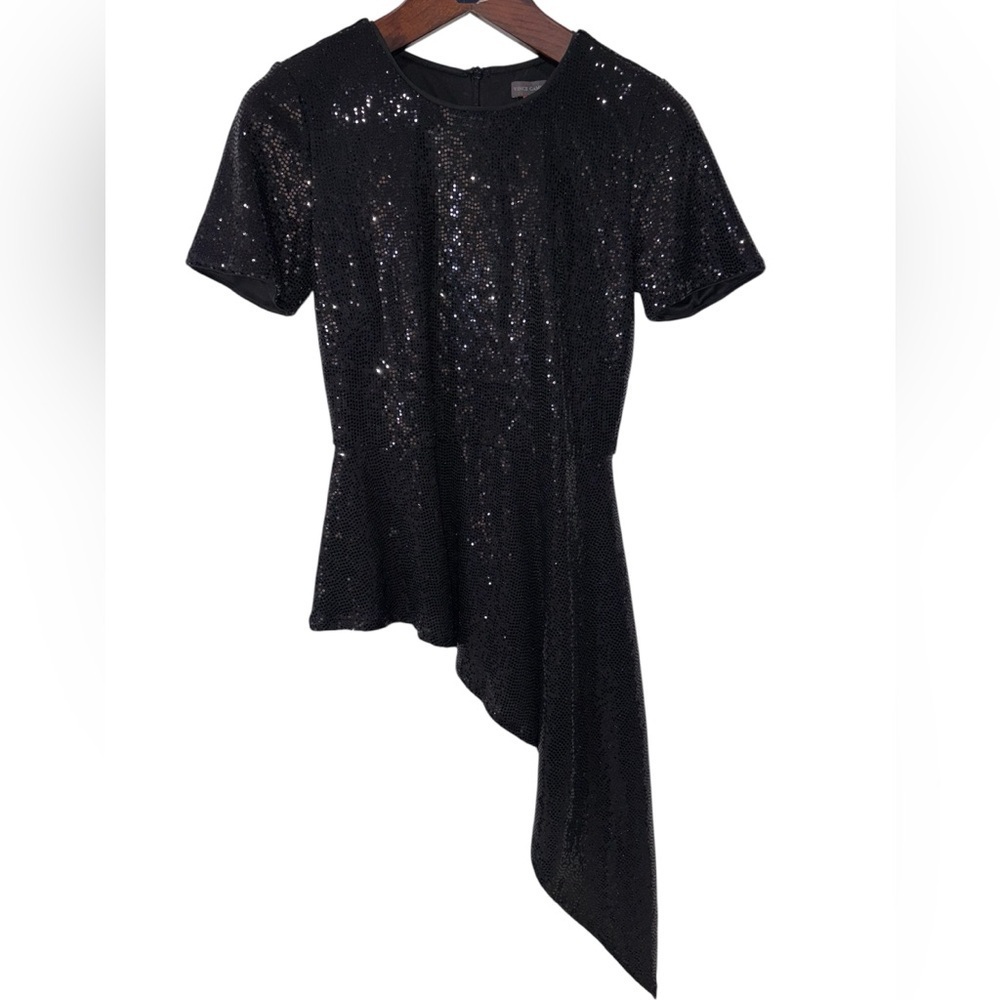 Vince Camuto XS Black Sequin Top Asymmetrical Hem Short Sleeve Party Blouse